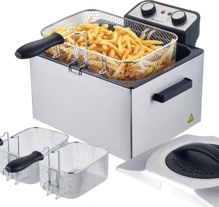 Electric Deep Fryer with Basket for Home Use,Lid with Viewing Window and Odorless Filter,Adjustable Temperature,5.3 Quart,Stainless Steel