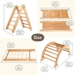 4-in-1 Montessori Indoor Playground: Wooden Foldable Triangle Ladder + Climbing Arch (Rocker Balance) + Slide Board (Ramp) + Spider Net for Kids 1-7 y.o.