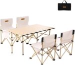Camping Folding Table and Chairs Set,Aluminum Egg Roll Table with Easy Carrying Bag for Indoor,Outdoor,Camping,Picnic,Backyard,Set 5 Piece and Camping Table for 4 Person,White.