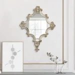 30 Inch Accent Wall Mirror,Carved Ornate Scrollwork Antique White Fir Wood By Casagear Home