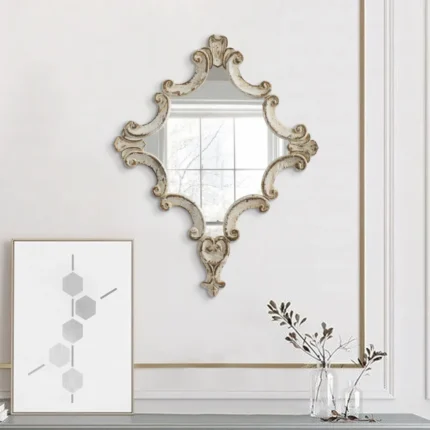 30 Inch Accent Wall Mirror,Carved Ornate Scrollwork Antique White Fir Wood By Casagear Home