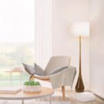 Globe Floor Lamp,2-Tone Wood Toned Base,White Fabric Shade,Socket Rotary Switch