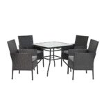 5 Piece Wicker Patio Dining Set,Outdoor Rattan Table and Chairs Sets for 4,Tempered Glass Top with Umbrella Hole Great for Deck Garden Yard Balcony,Black