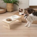 10?? Tilted Wooden Stand Elevated Cat Food and Water Bowls with Thick Ceramic