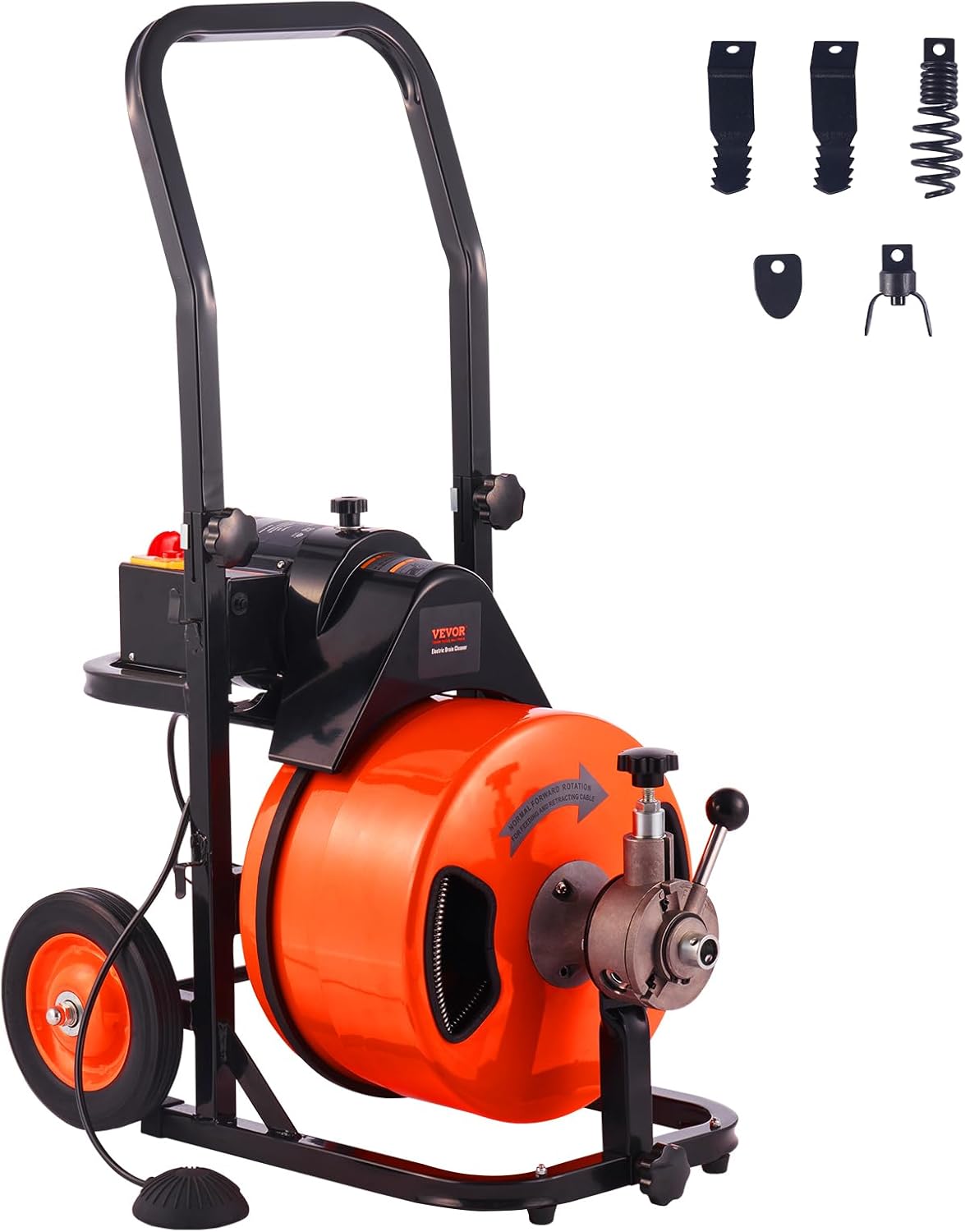 Drain Cleaner Machine 100FT x 1/2Inch, Auto Feed Sewer Snake Auger with 4 Cutter & Air-activated Foot Switch for 1" to 4" Pipes, Orange, Black Drain Cleaner Machine 100FT x 1/2Inch, Auto Feed Sewer Snake Auger with 4 Cutter & Air-activated Foot Switch for 1" to 4" Pipes, Orange, Black