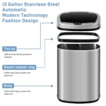 Bigacc 13 Gallon 50 Liter Kitchen Trash Can with Touch-Free & Motion Sensor,Automatic Stainless-Steel Garbage Can,Anti-Fingerprint Mute Designed Trash Bin Brushed Stainless Steel