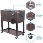 80QT Patio Cooler Cart,Beverage Outdoor Cooler with Shelf,Bottle Cap Catch Bin Bottle Opener,Brown