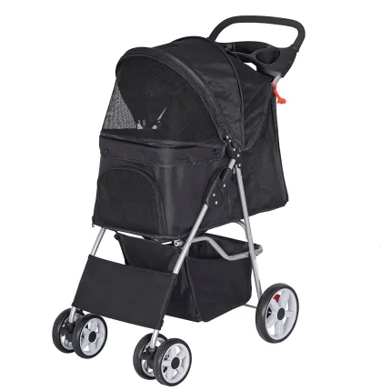 Foldable Pet Stroller,Cat/Dog Stroller with 4 Wheel,Pet Travel Carrier Strolling Cart with Storage Basket,Cup Holder,Black