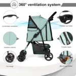 4 Wheel Dog Stroller,Wedyvko Foldable Pet Stroller with Storage Basket and Cup Holder for Small Medium Dogs & Cats (Blue-green)