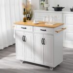 4 EVER WINNER White Kitchen Island with Storage on Wheels,Rolling Kitchen Island Cart with 2 Drawers& 4 Storage Cabinets,Wooden Countertop,Towel Racks,Adjustable Shelves