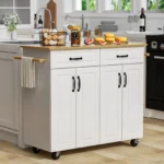 4 EVER WINNER White Kitchen Island with Storage on Wheels,Rolling Kitchen Island Cart with 2 Drawers& 4 Storage Cabinets,Wooden Countertop,Towel Racks,Adjustable Shelves