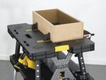 Keter &ndash; 197283 Folding Table Work Bench for Miter Saw Stand, Woodworking Tools and Accessories with Included 12 Inch Wood Clamps &ndash; Easy Garage Storage Black/Yellow