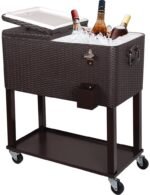 80QT Patio Cooler Cart,Beverage Outdoor Cooler with Shelf,Bottle Cap Catch Bin Bottle Opener,Brown