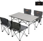 Camping Folding Table and Chairs Set,Aluminum Egg Roll Table with Easy Carrying Bag for Indoor,Outdoor,Camping,Picnic,Backyard,Set 5 Piece and Camping Table for 4 Person,White.