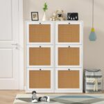 Anmytek Rattan Shoe Cabinet,Entryway Cabinet Wooden Shoe Rack with 3 Flip Drawers